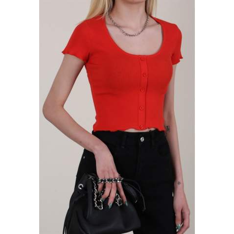 Women Buttoned Red Crop T-Shirt - Kırmızı