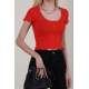 Women Buttoned Red Crop T-Shirt - Kırmızı