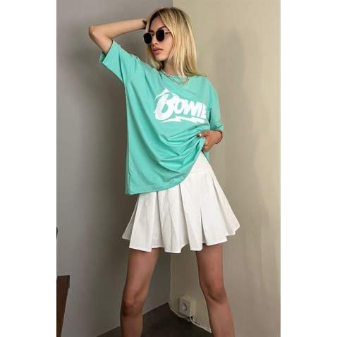 Women Printed Mint Green Over Fit T-Shirt MG1514 - Mint yeşili