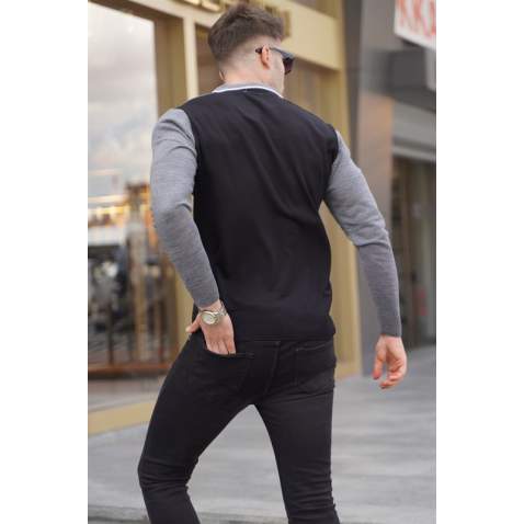 Black Zipped Knitwear Polo Sweater 5787 - Siyah