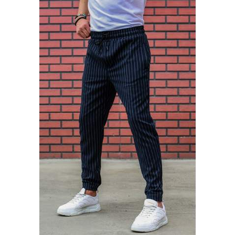 Madmext Navy Blue Striped Trousers Mad4084 - Lacivert