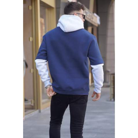 Navy Blue Printed Hoodie Sweatshirt 6000 - Lacivert