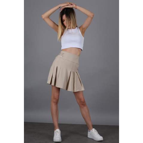 Women Striped Beige Pleated Mini Skirt MG1451 - Bej