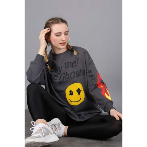 Mad Girls Printed Oversize Smoke Gray Sweatshirt Mg1207 - Antrasit