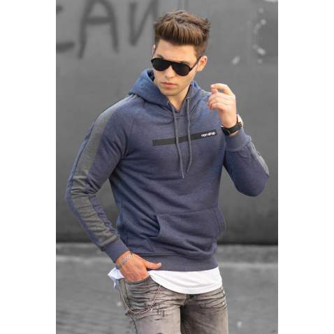 Madmext Navy Blue Printed Hoodie 4433