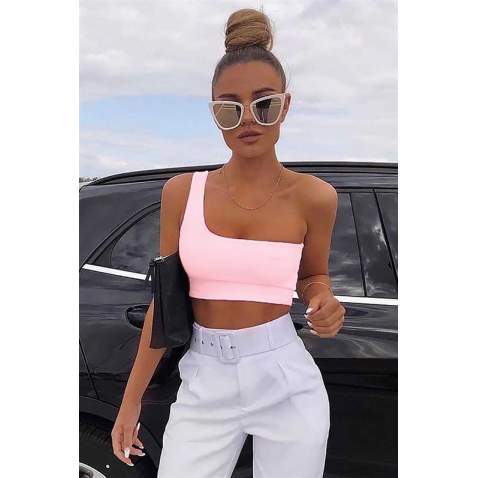 Mad Girls Pink One Shoulder Strappy Crop Top MG325 - Pembe