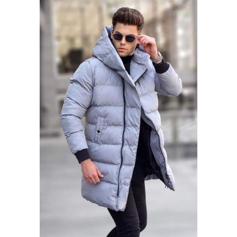 Stone Gray Hoodie Long Puffer Jacket 5743 - Taş rengi