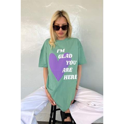 Mad Girls Printed Green T-Shirt MG1202 - Yeşil