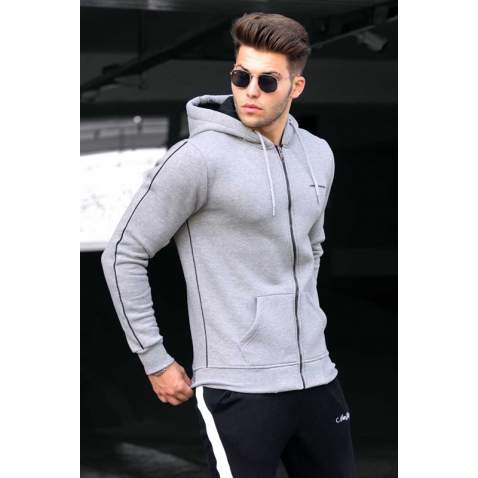 Madmext Gray Hooded Zip-Down Men Sweatshirt 4711 - Gri