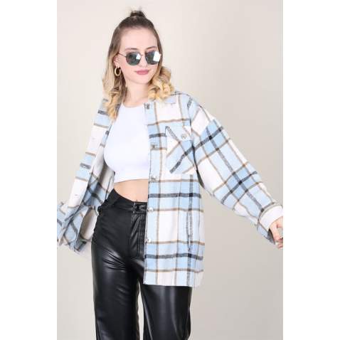 Mad Girls Oversize Blue Lumberjack Shirt MG042 - Mavi