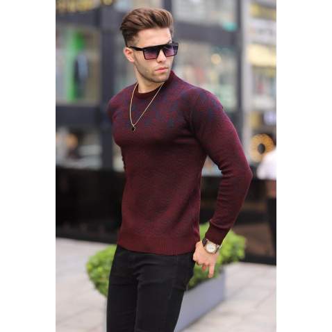 Maroon Designed Knitwear Sweater 5971 - Bordo