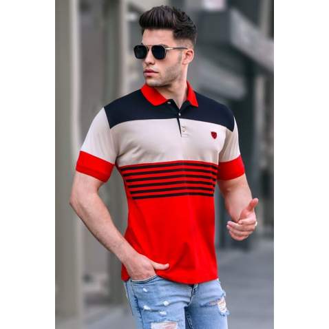 Men Striped Red Polo T-Shirt 5685 - Kırmızı