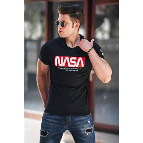 Madmext Black Printed T-shirt With Hood for Men 4526 - Siyah