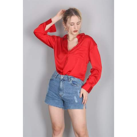 Mad Girls Red Satin Shirt MG1104 - Kırmızı