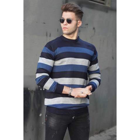 Madmext Gray Striped Men Knitwear Jumper 9415