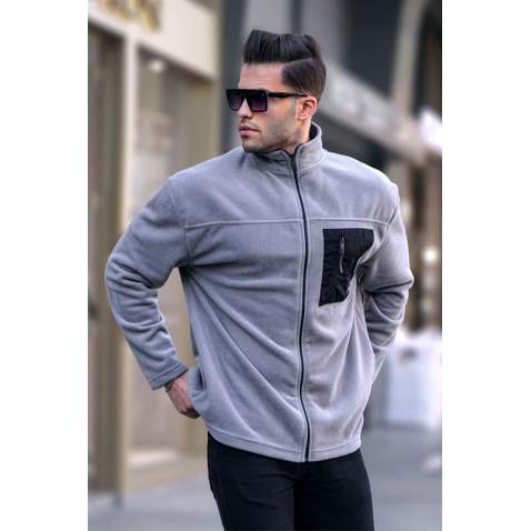 Boyalı Gri Cep Detaylı Fermuarlı Polar Sweatshirt 6046 - Boyalı gri