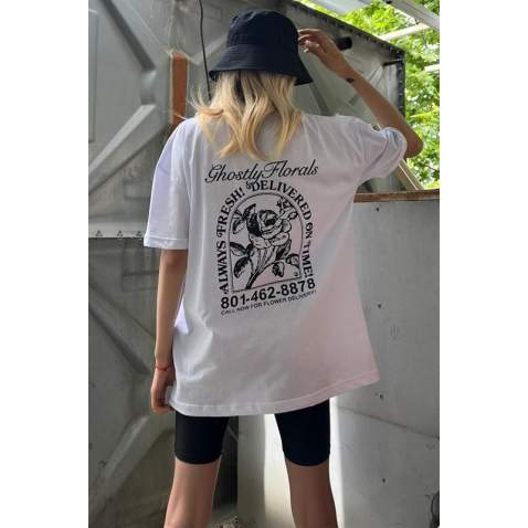 White Printed Oversize T-Shirt MG1513 - Beyaz