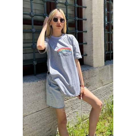 Women Printed Oversize Gray T-Shirt MG808 - Gri