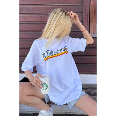 Women Printed Oversize White T-Shirt - Beyaz