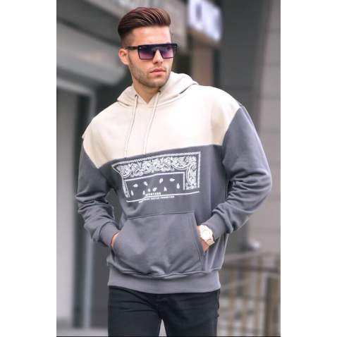 Smoke Gray Designed Hoodie Sweatshirt 6022 - Füme