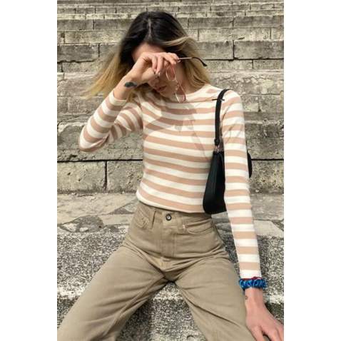 Women Crewneck Camel Striped Sweater - Camel