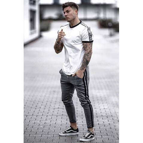 Madmext Men Shoulder Stripe White T-shirt 4101 - Beyaz