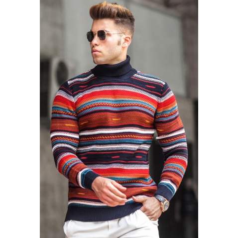 Madmext Men Turtleneck Striped Red Sweater 5172 - Kırmızı