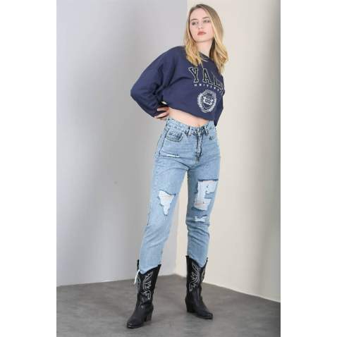 Mad Girls Ripped Blue Jeans Mom Wear MG1163 - Mavi