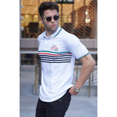 Striped White Polo T-Shirt 5869 - Beyaz