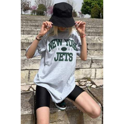 Women Printed Oversize Gray T-Shirt MG1226 - Gri