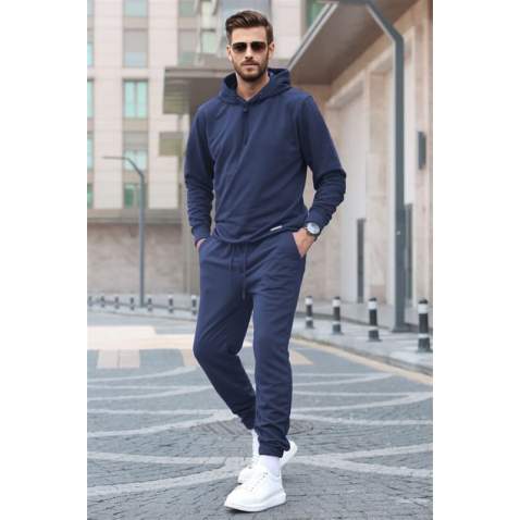 Navy Blue Hoodie Basic Tracksuit 5908 - Lacivert