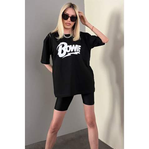 Women Printed Black Over Fit T-Shirt MG1514 - Siyah