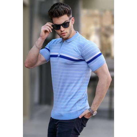 Men Striped Baby Blue Polo T-Shirt 5734 - Bebe mavisi