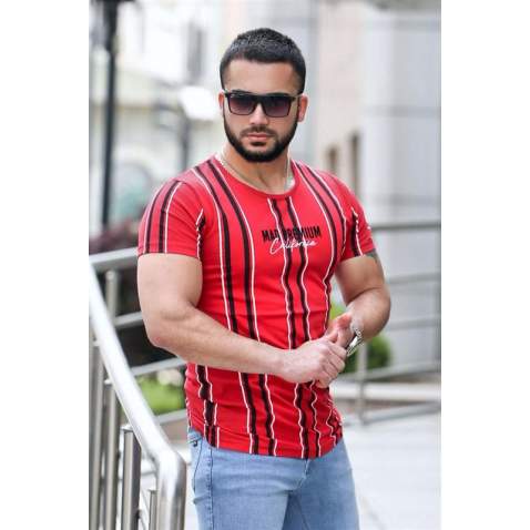 Madmext Red Striped T-shirt for Men Mad4048 - Kırmızı