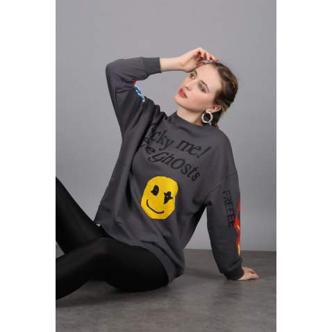 Mad Girls Printed Oversize Smoke Gray Sweatshirt Mg1207 - Antrasit