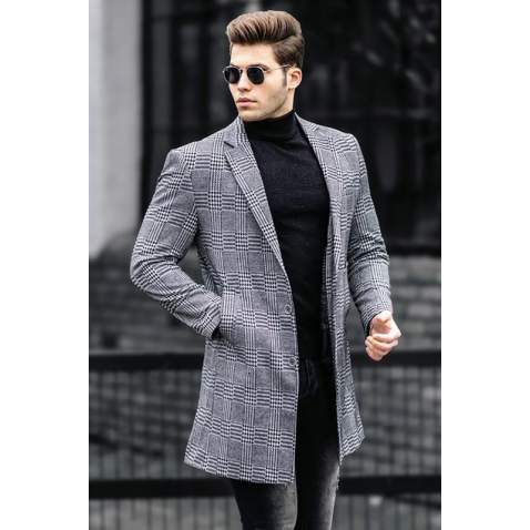 Madmext Men Gray Plaid Coat 5066 - Gri