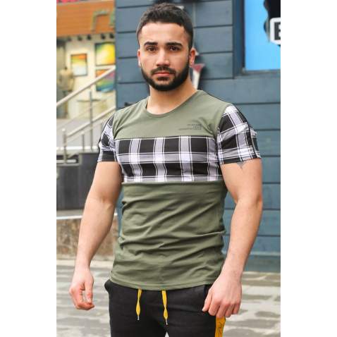 Madmext Khaki Plaid T-shirt for Men 3004 - Haki