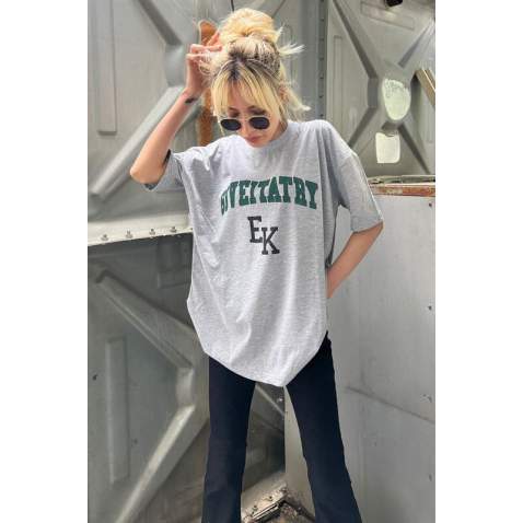 Women Printed Oversize Gray T-Shirt Mg1318 - Gri