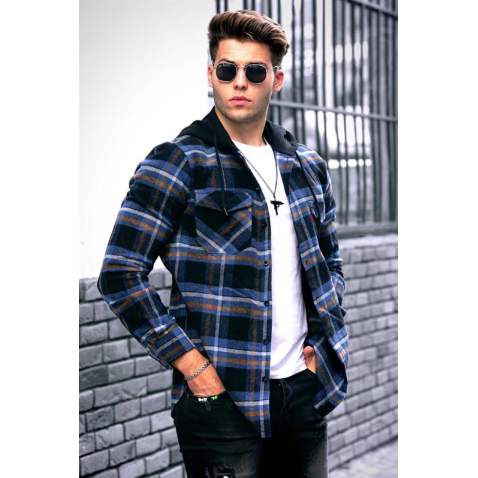 Madmext Navy Blue Checkered Hooded Men Shirt 4906 - Lacivert