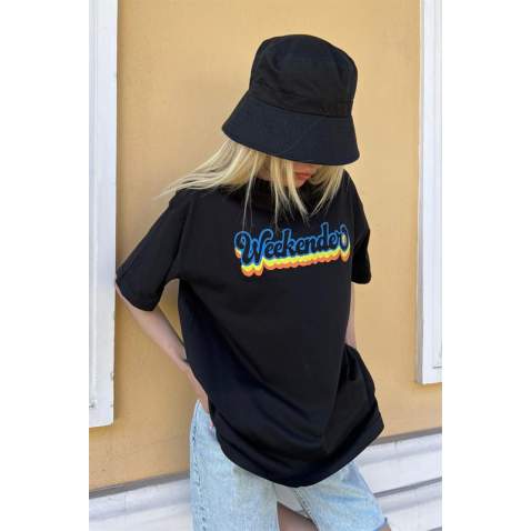 Women Printed Oversize Black T-Shirt - Siyah