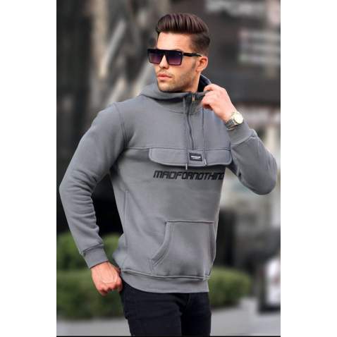 Madmext Men Smoke Gray Kangaro Pocket Sweatshirt Hoodie 4729 - Füme