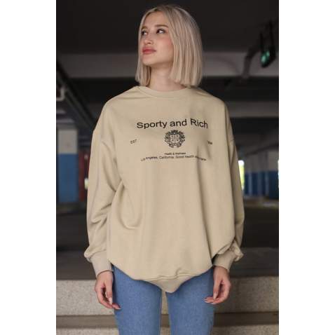 Bej Bisiklet Yaka Baskılı Oversize Kadın Sweatshirt MG1577 - Bej