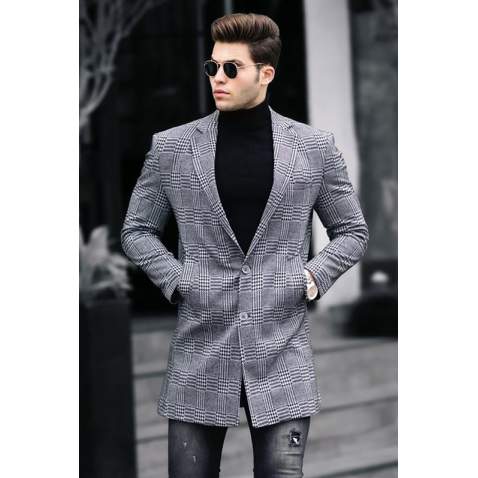 Madmext Men Gray Plaid Coat 5066 - Gri