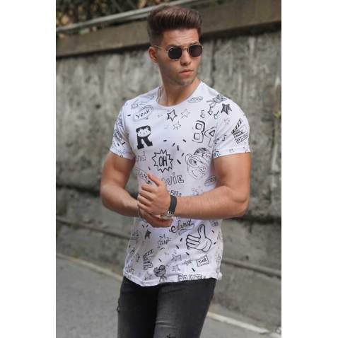 Madmext Placement Printed White T-shirt 2338 - Beyaz