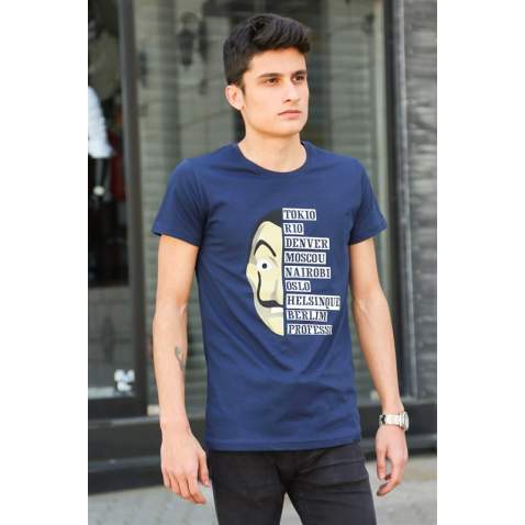 Madmext Navy Blue Printed T-shirt for Men 4016 - Lacivert