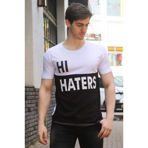 Madmext White Two-Tone Printed T-shirt for Men 3089 - Beyaz