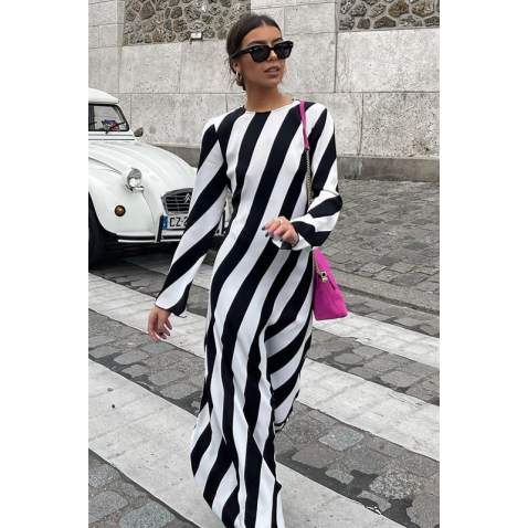 Mad Girls Striped Black Long Dress MG1443 - Siyah