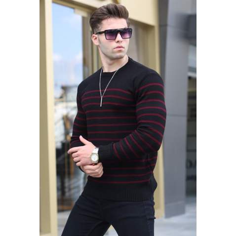 Black Striped Knitwear Sweater 5992 - Siyah