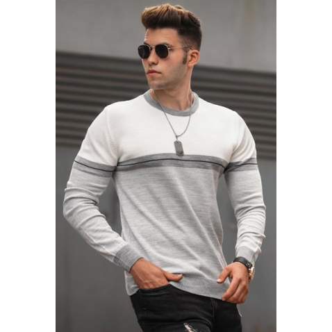 Madmext Men Stripe White Sweater 5148 - Beyaz