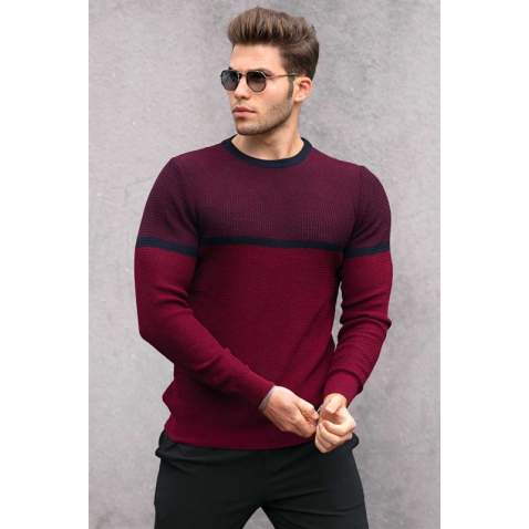 Madmext Men Color Blocked Maroon Sweater 4734 - Bordo